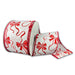White satin wired Christmas ribbon with red bows and flowing ribbon tails, 2.5 inches wide by 10 yards.