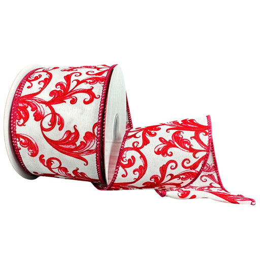 White satin wired ribbon with red chinoiserie swirl pattern, 2.5 inches wide by 10 yards.