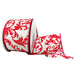White satin wired ribbon with red chinoiserie swirl pattern, 2.5 inches wide by 10 yards.