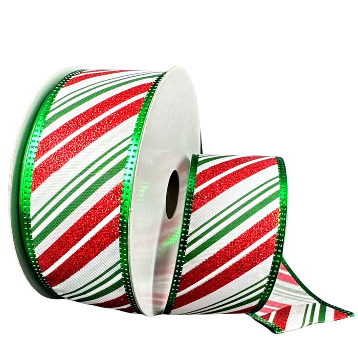 White satin Christmas wired ribbon with red glitter and green diagonal stripes, 1.5 inches x 10 yards.