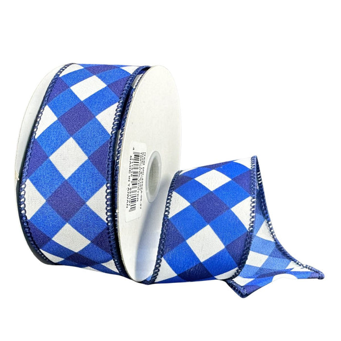 1.5 inch wired white satin ribbon with royal and navy blue diagonal check pattern for wreath making SKU 42624-09-27