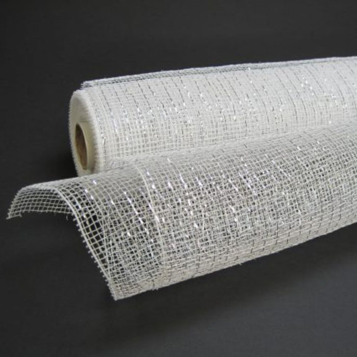 10-inch white silver metallic mesh roll with woven metallic accents, 10 yards long, ideal for wreath making, bows, floral arrangements, garlands, and seasonal decorating.