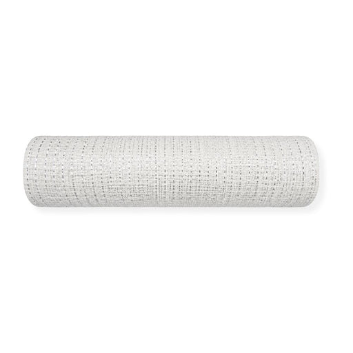 10-inch white silver metallic mesh roll with woven metallic accents, 10 yards long, ideal for wreath making, bows, floral arrangements, garlands, and seasonal decorating.