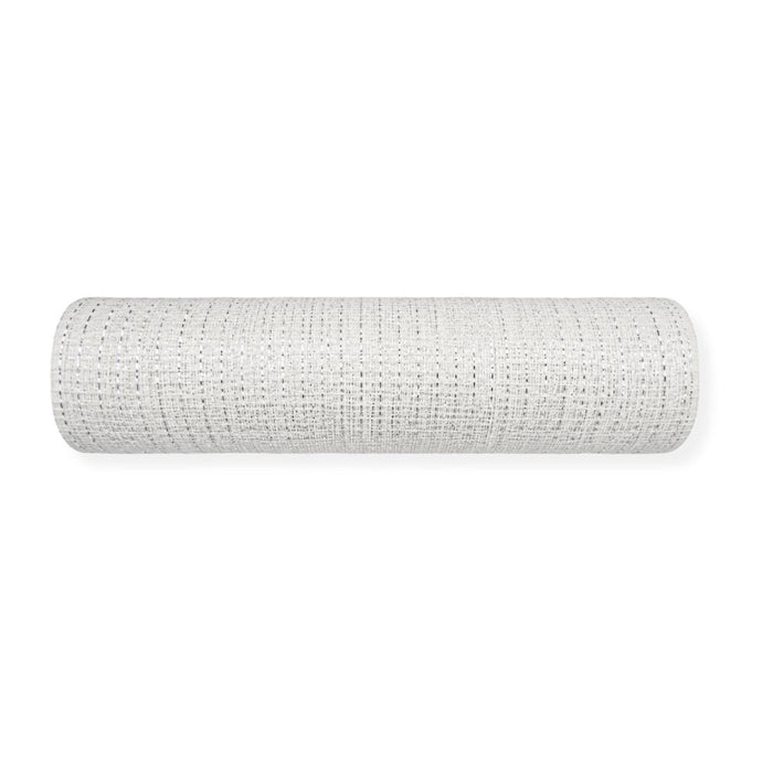 10-inch white silver metallic mesh roll with woven metallic accents, 10 yards long, ideal for wreath making, bows, floral arrangements, garlands, and seasonal decorating.