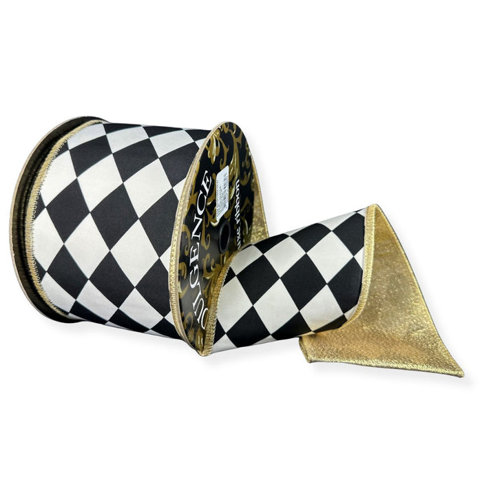 Black and white harlequin satin wired ribbon with metallic gold back, 4 inches by 10 yards.