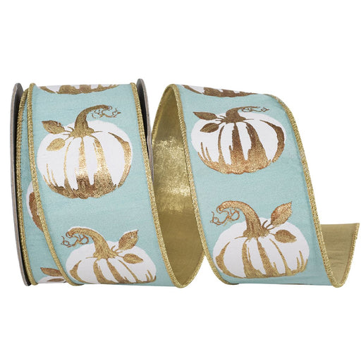 Teal wired fall ribbon with white pumpkins, metallic gold details, gold edges and solid gold backing, 2.5 inches x 10 yards, SKU 94601W-916-40F.