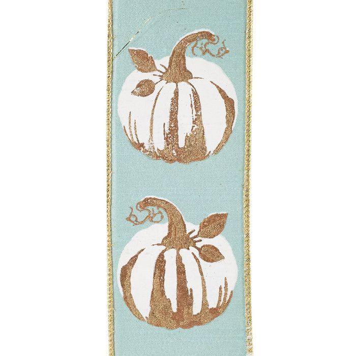 Teal wired fall ribbon with white pumpkins, metallic gold details, gold edges and solid gold backing, 2.5 inches x 10 yards, SKU 94601W-916-40F.