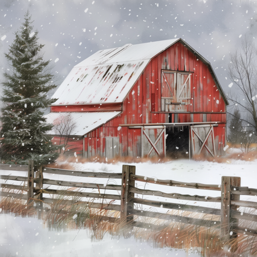 10-inch metal wall sign featuring a rustic red barn with snow-covered roof, wooden fence, and softly falling snow in a winter countryside scene.
