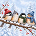 Flat metal winter sign featuring four adorable birds perched on a snow-covered branch. A chickadee wears a red knitted hat, a tufted titmouse sits beside it, another chickadee wears a green scarf, and a bluebird wears a blue knitted hat and scarf. Red winter berries and snowy evergreen trees complete the whimsical scene. TTE-863.