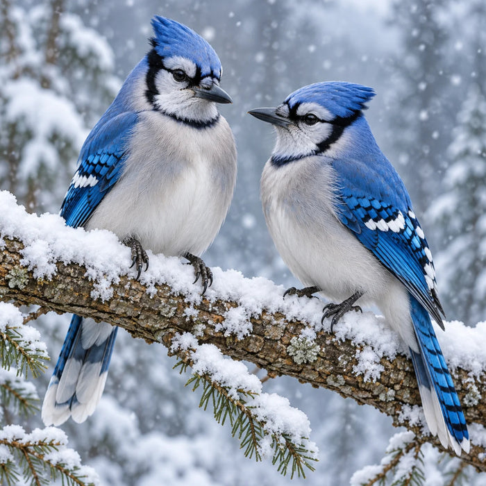 Two bright blue jays perched facing each other on a snow-covered evergreen branch with falling snow and a soft winter forest background, TTE-879.