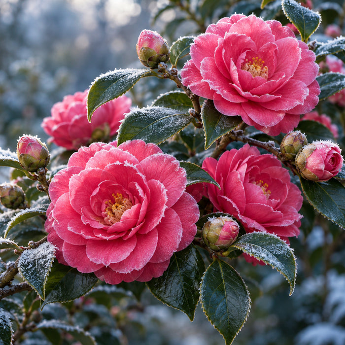 Flat metal sign featuring a winter camellia floral design for seasonal wreath decorating, TTE-897.