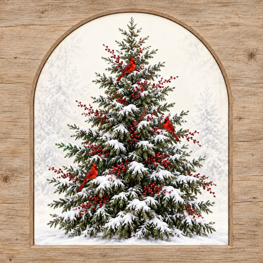 Winter metal sign featuring three red cardinals perched in a snow-covered evergreen tree with red berries, a rustic wood-look arched border, and a snowy woodland background, TTE-883.