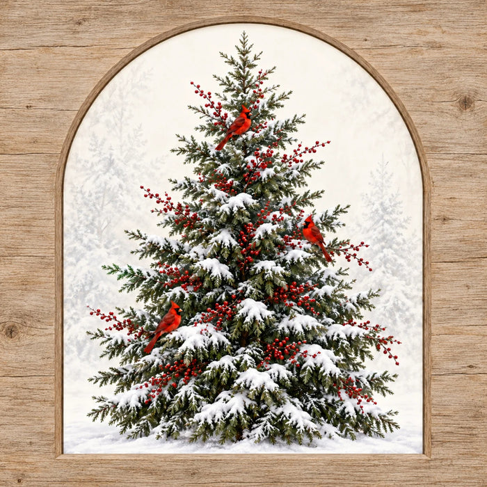 Winter metal sign featuring three red cardinals perched in a snow-covered evergreen tree with red berries, a rustic wood-look arched border, and a snowy woodland background, TTE-883.