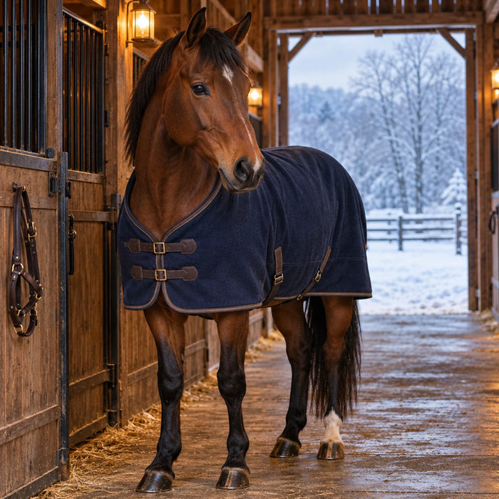 Winter horse metal sign featuring a chestnut brown horse wearing a navy blue blanket inside a rustic wooden stable with glowing lanterns and snowy trees outside, TTE-886.