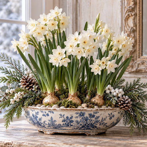 Winter floral metal sign featuring white paperwhite narcissus flowers in a blue and white chinoiserie bowl with evergreen branches, pinecones, white berries, and moss, TTE-840.