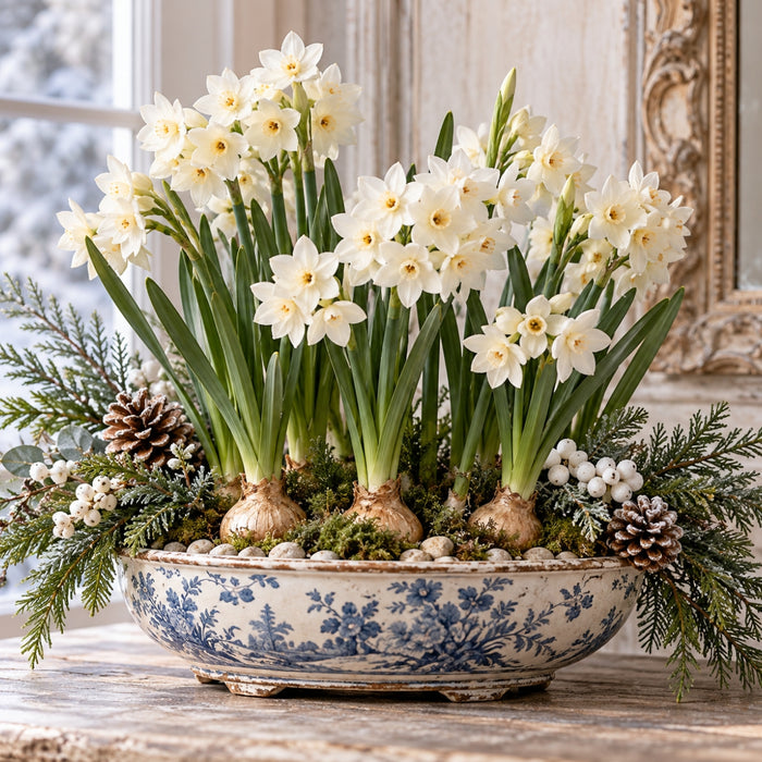 Winter floral metal sign featuring white paperwhite narcissus flowers in a blue and white chinoiserie bowl with evergreen branches, pinecones, white berries, and moss, TTE-840.