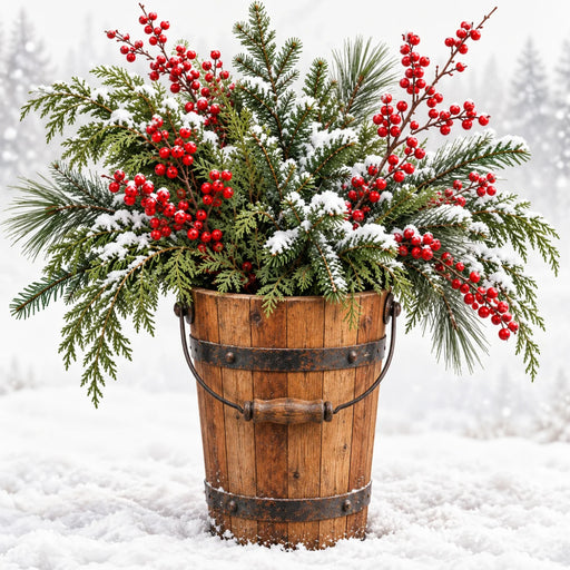 Winter metal sign featuring a rustic wooden bucket filled with snow-covered pine and cedar greenery, bright red berries, and a soft snowy woodland background, TTE-884.