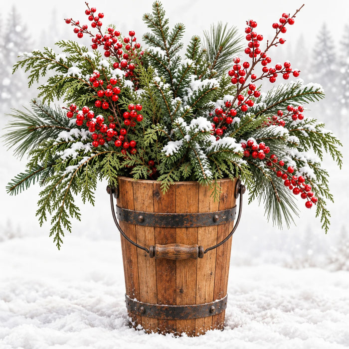 Winter metal sign featuring a rustic wooden bucket filled with snow-covered pine and cedar greenery, bright red berries, and a soft snowy woodland background, TTE-884.