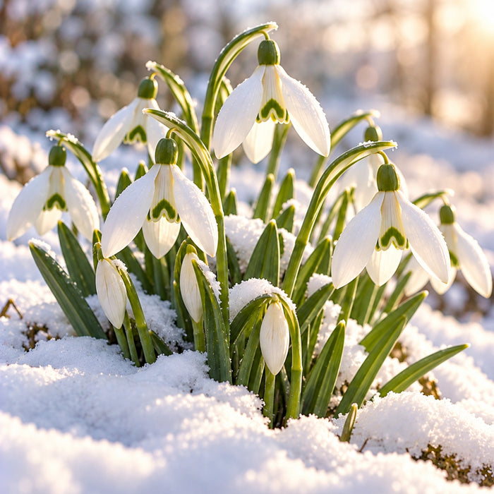 Winter snowdrops metal sign featuring delicate white bell-shaped flowers with green markings emerging through fresh snow, illuminated by soft golden sunlight, TTE-841.