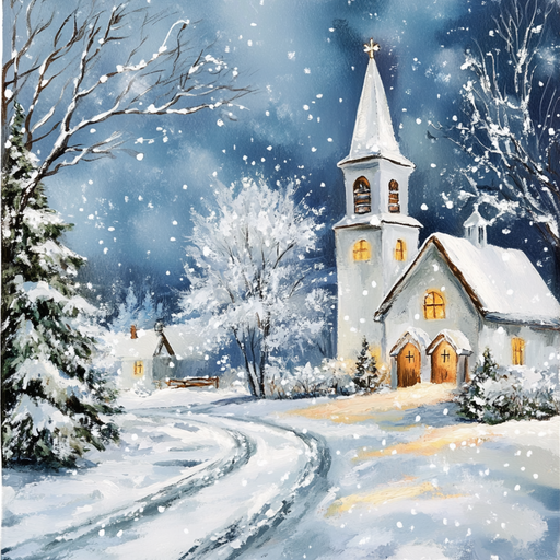 The 10 X 10 Winter White Church with Glowing Lights Sign TTE-008 displays a cozy, snow-covered scene with a path to the church under a starry night sky. Snow blankets the ground and trees, while glowing lights from the windows create a warm, inviting atmosphere.