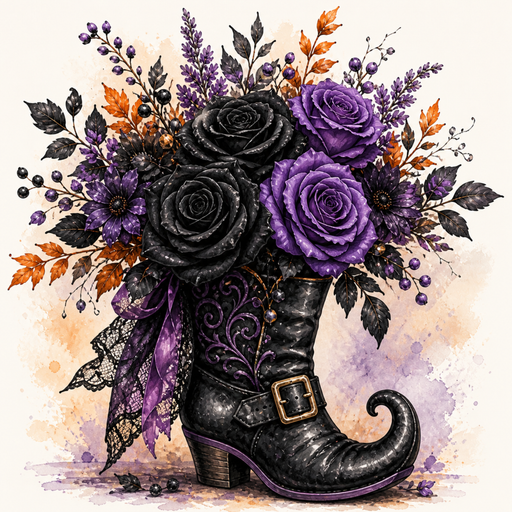 TTE-467 Halloween metal sign featuring a black witch boot filled with black and purple roses, purple flowers, berries, autumn foliage, and decorative ribbon accents.