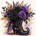 TTE-467 Halloween metal sign featuring a black witch boot filled with black and purple roses, purple flowers, berries, autumn foliage, and decorative ribbon accents.
