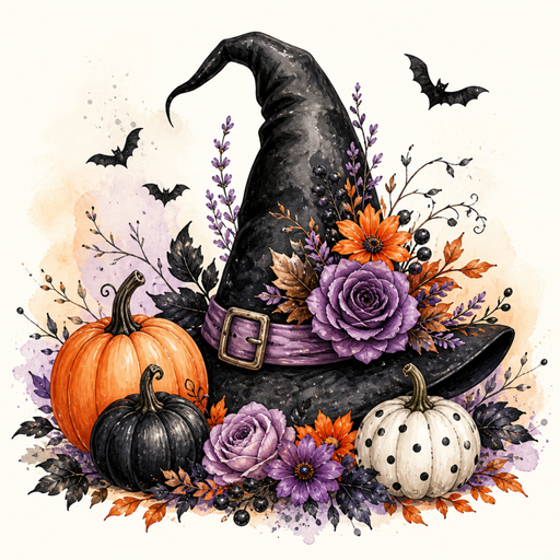 TTE-466 Halloween metal sign featuring a black witch hat with purple florals, orange and black pumpkins, a white polka dot pumpkin, bats, and autumn foliage.