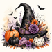 TTE-466 Halloween metal sign featuring a black witch hat with purple florals, orange and black pumpkins, a white polka dot pumpkin, bats, and autumn foliage.