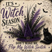 It’s Witch Season 10 inch Halloween metal sign with purple witch hat, black cat, florals, bats and moon, TTE-621.
