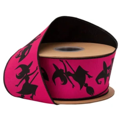 2.5 inch designer wired Halloween ribbon with witches on hot pink and black backing, 10-yard roll, SKU 9796W-175-63E.