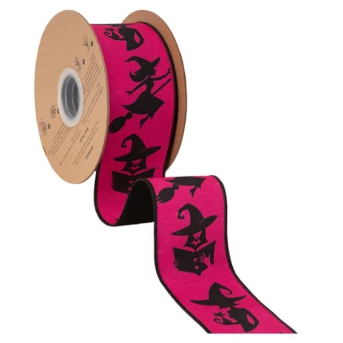 2.5 inch designer wired Halloween ribbon with witches on hot pink and black backing, 10-yard roll, SKU 9796W-175-63E.