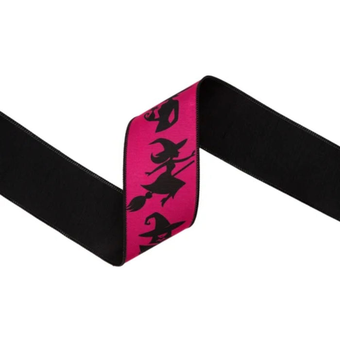 2.5 inch designer wired Halloween ribbon with witches on hot pink and black backing, 10-yard roll, SKU 9796W-175-63E.