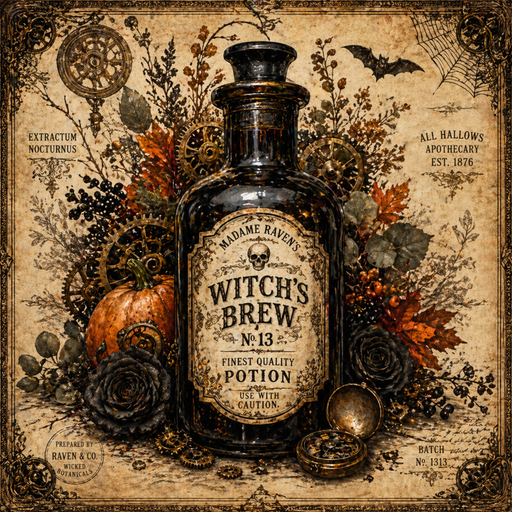 TTE-464 Witch's Brew apothecary metal sign featuring a vintage potion bottle, black roses, pumpkins, steampunk gears, bats, spiderwebs, and Halloween-inspired botanical elements.