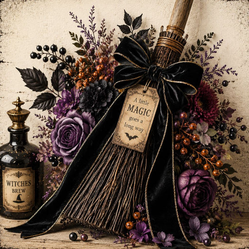 Vintage Halloween witch’s broom metal wreath sign with black velvet bow, purple florals, berries and A Little Magic Goes a Long Way tag, TTE-606.