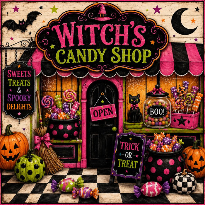 Witch’s Candy Shop 10 inch Halloween metal sign with colorful candy, lollipops, pumpkins, black cat and hot pink lime green accents, TTE-650.