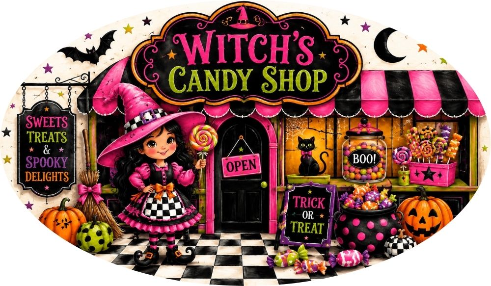 Witch’s Candy Shop 12 x 7 inch oval Halloween metal sign with little witch, black cat, colorful candy, pumpkins and hot pink lime green accents, TTE-653.