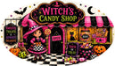 Witch’s Candy Shop 12 x 7 inch oval Halloween metal sign with little witch, black cat, colorful candy, pumpkins and hot pink lime green accents, TTE-653.
