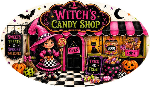 Witch’s Candy Shop 12 x 7 inch oval Halloween metal sign with little witch, black cat, colorful candy, pumpkins and hot pink lime green accents, TTE-653.