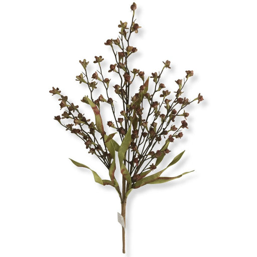The 23" Brown Wood Berry Spray (65121-BRN) features artificial brown stems adorned with small blossoms, green leaves, and rustic wood berry accents, arranged against a white background—perfect for fall floral arrangements or adding a touch of rustic decor.