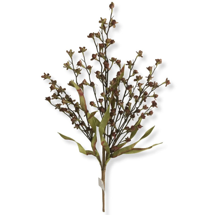 The 23" Brown Wood Berry Spray (65121-BRN) features artificial brown stems adorned with small blossoms, green leaves, and rustic wood berry accents, arranged against a white background—perfect for fall floral arrangements or adding a touch of rustic decor.