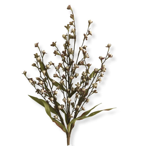 23-inch artificial cream wood berry spray with creamy white berry clusters and realistic foliage for wreaths, garlands, centerpieces, and floral arrangements.