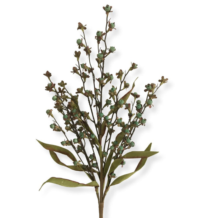 23-inch artificial green wood berry spray with soft green berry clusters and realistic foliage for wreaths, garlands, centerpieces, and floral arrangements.
