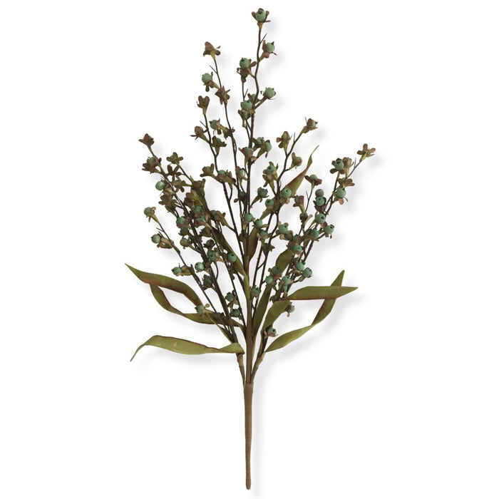 23-inch artificial green wood berry spray with soft green berry clusters and realistic foliage for wreaths, garlands, centerpieces, and floral arrangements.