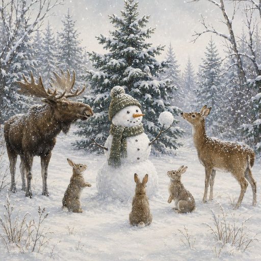 Woodland animals 10 inch metal winter sign with snowman surrounded by moose, deer and rabbits in a snowy evergreen forest, TTE-683.