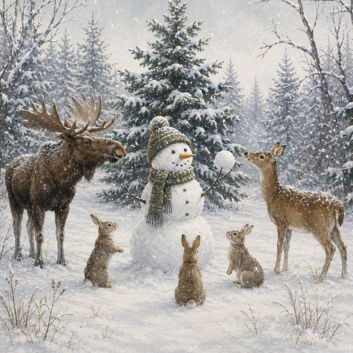 Woodland animals 10 inch metal winter sign with snowman surrounded by moose, deer and rabbits in a snowy evergreen forest, TTE-683.