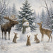 Woodland animals 10 inch metal winter sign with snowman surrounded by moose, deer and rabbits in a snowy evergreen forest, TTE-683.