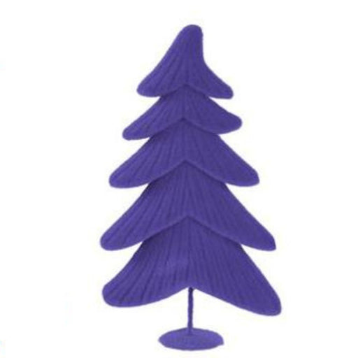 The 17"Hx10"L Flocked Whimsical Tree XT858899 features a simple, modern design with layered branches in six assorted bright colors, including a stylish purple. It rests on a small, round base.