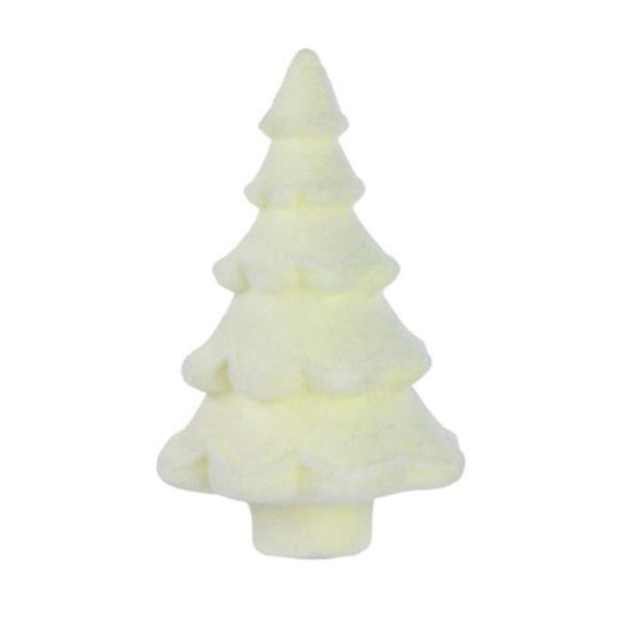 A soft, plush decoration shaped like a Christmas tree, measuring 14 inches in height and 9 inches in diameter, comes in a delicate sage hue against a plain white background. The design includes layered branches and has a simple look reminiscent of gentle flocking—part of the "Flocked Full Tree" series available in four assorted vintage colors under the product code XT859297.