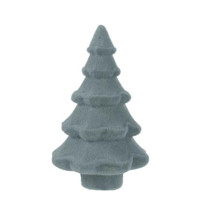 A 14-inch tall by 9-inch diameter flocked Christmas tree figurine in a graceful soft sage color from the "4 Asst Vintage Colors XT859297" collection stands elegantly against a plain white background.