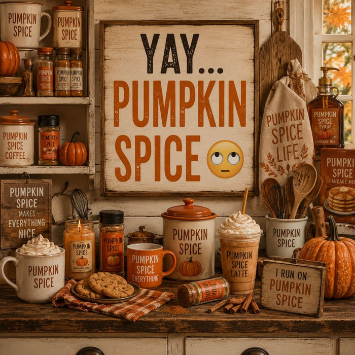 Yay Pumpkin Spice funny 10 inch metal fall sign with eye-roll emoji and retro pumpkin spice kitchen design, TTE-626.